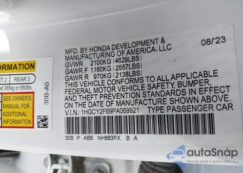 2023 Honda Accord Hybrid Ex-L from USA, damaged, VIN 1HGCY2F69PA069921